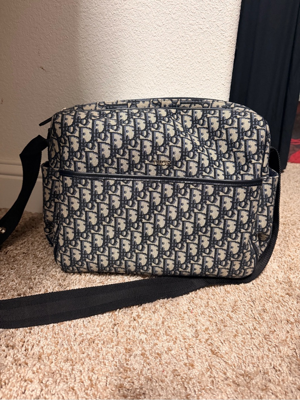 Dior Oblique Messenger Bag in Navy and Beige with Black Strap